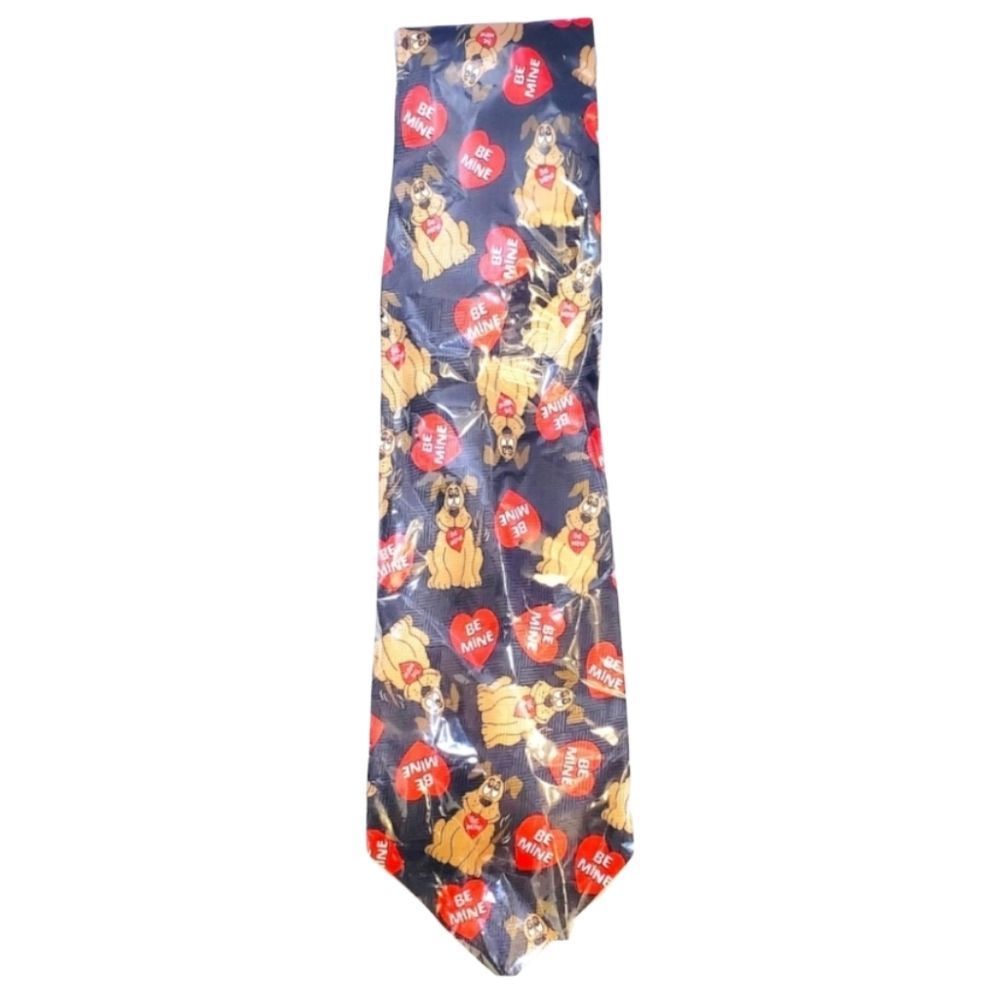 #I New Vintage 80s Valentines Day Neck Tie Dogs & Red Hearts Vintage 80s